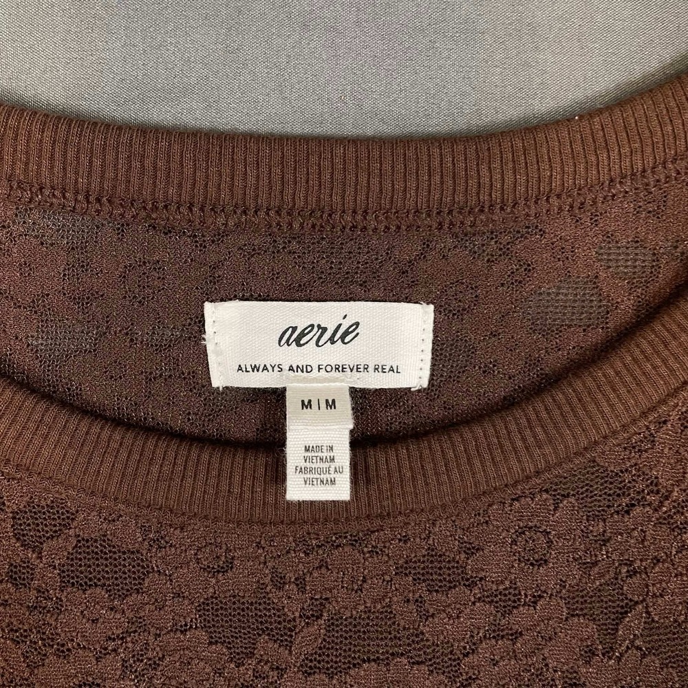 Aerie Womens Brown Floral Lace Mesh Short Sleeve Crew Neck Top Size M - Picture 3 of 10